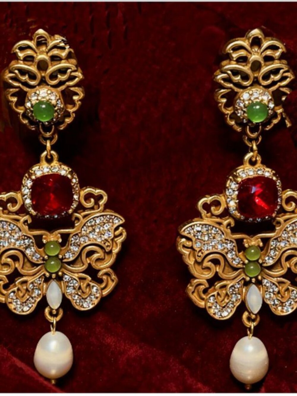 Vintage Baroque Style Gold Drop Earrings Ruby Red Green Crystal Pearl Dangle